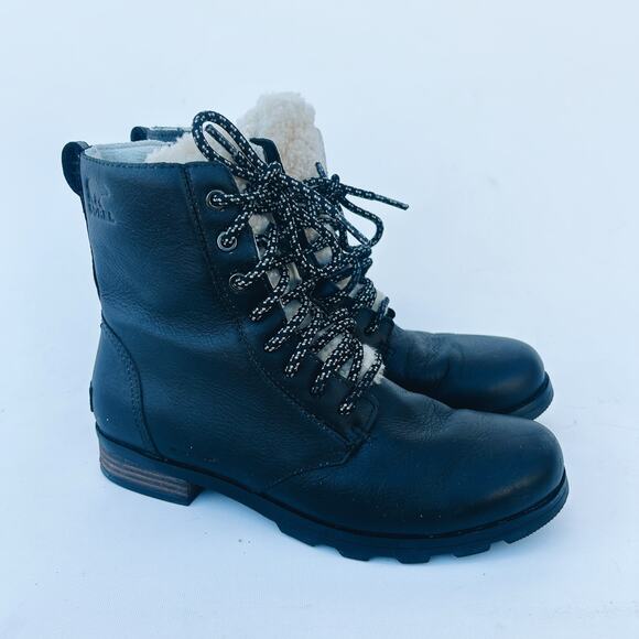 Sorel Women’s Emelie Lace Up Ankle Boots Black Leather Cozy 8 Shearling Winter - Picture 3 of 13